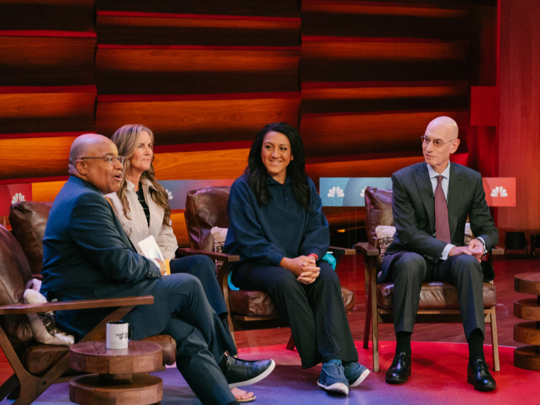 Mike Tirico speaks to Brandi Chastain, U.S. Soccer Champion; Elana Meyers Taylor, Olympic Gold Medalist; and Adam Silver, NBA Commissioner at Common Ground, in Washington, D.C., on Thursday.