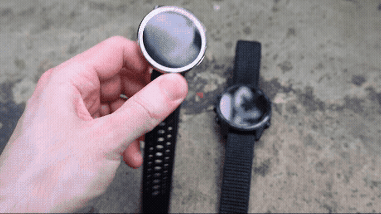 A short GIF picking up and rotating the Amazfit Active 2 followed by the Garmin Fenix 8 (right).