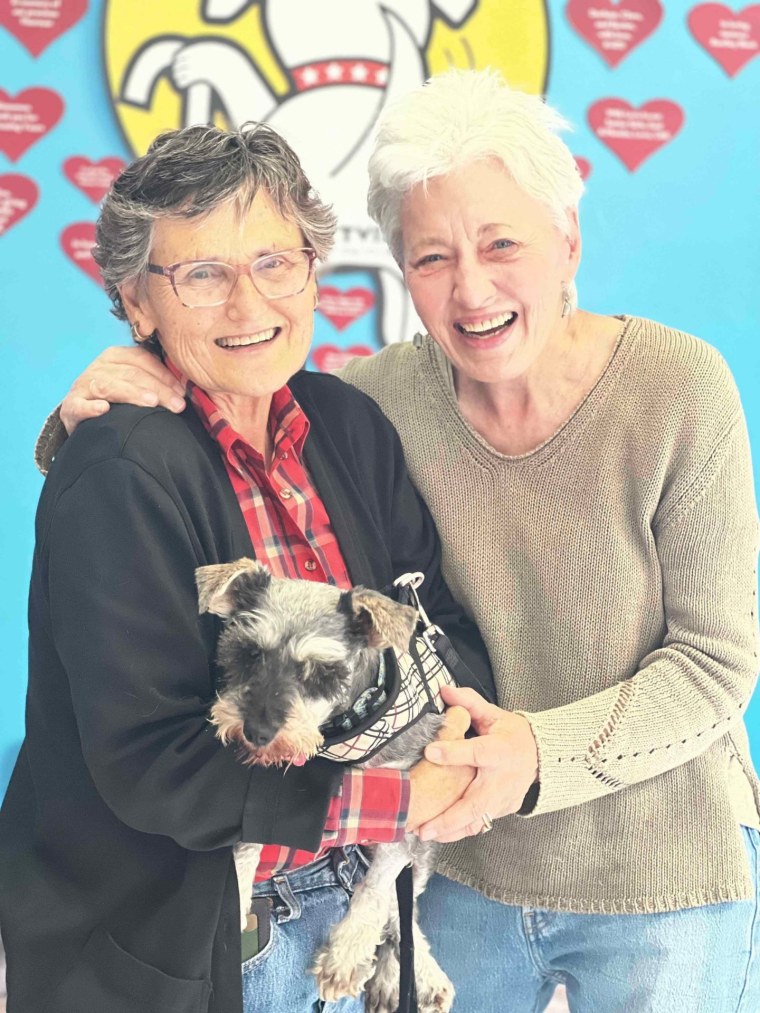 Elaine and Kit with their dog, Gwen