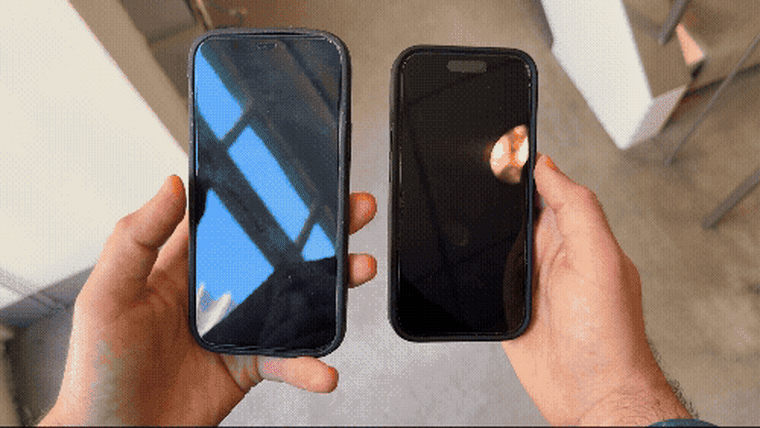A video of someone demonstrating a phone with a privacy screen side-by-side against a phone without a privacy screen.