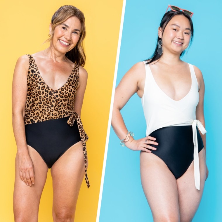 Summersalt The Perfect Wrap One Piece in Leopard (left) and Sea Urchin & White Sand (right).