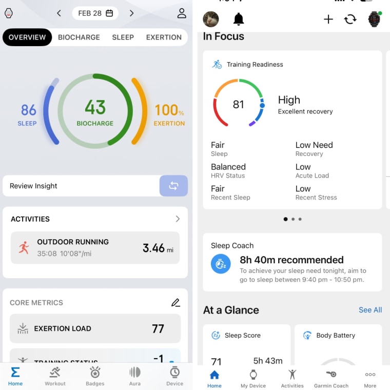 A side-by-side screenshot of Zepp health app home page next to Garmin Connect app home page.