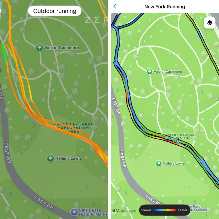 A side-by-side screenshot of Amazfit GPS mapping data next to Garmin GPS mapping data.