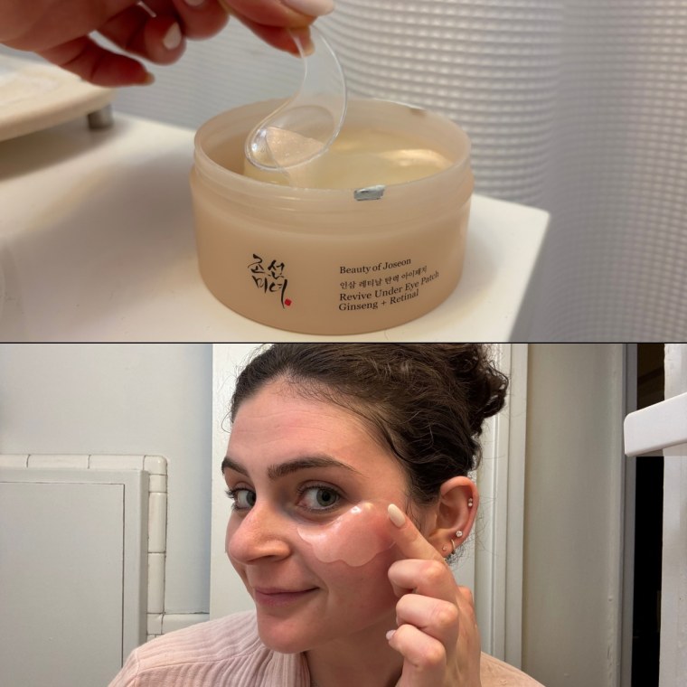 Left: Malin picking up one of the undereye wings. Right: Malin applying the patches to her undereyes.