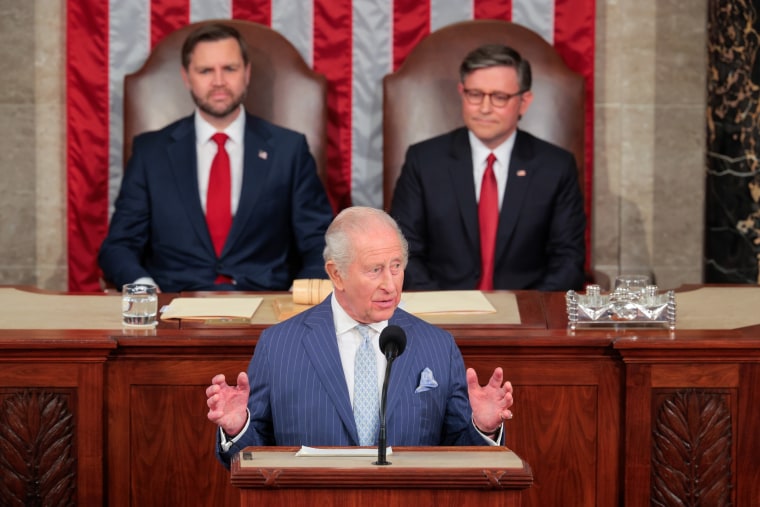 King Charles III addresses a joint meeting of Congress as U.S. Vice President JD Vance and Speaker of the House Mike Johnson (R-LA) look on at the U.S. Capitol on April 28, 2026 in Washington, DC. 