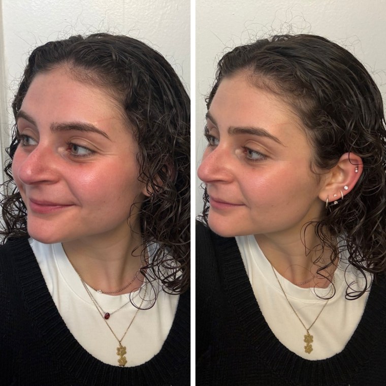 A before (left) and after (right) of a woman wearing Naked Sundays’ BeautyScreen Peptide Foundation Tint.