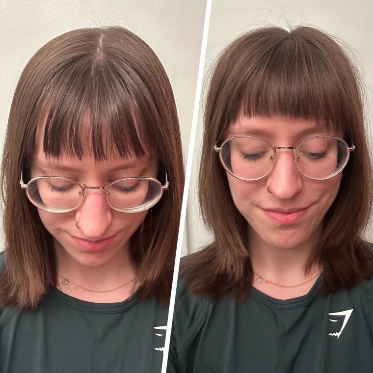 Social media video producer Dani Musacchio before and after applying the R+Co Badlands Dry Shampoo Paste to her bangs. 
