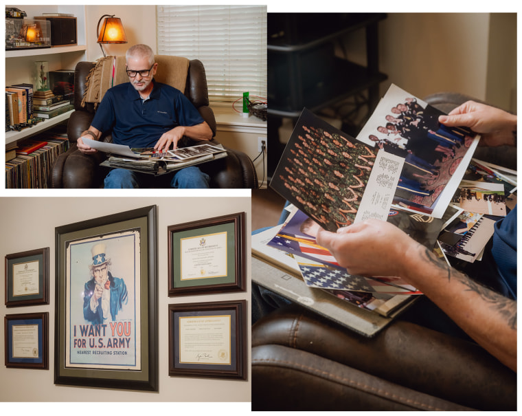 Shoemaker sifts through photographs from his time as an Army recruiter. In August, he said, he had to stop going to critical therapy sessions, unable to pay.