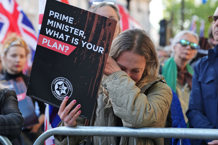 Demonstrators rally in Whitehall, London, on April 30, 2026, following a stabbing attack. 