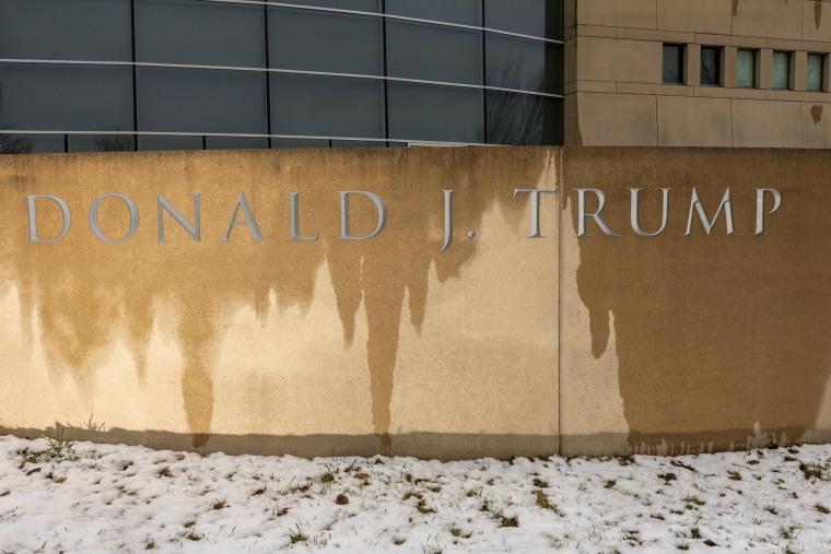 DONALD J. TRUMP etched into a wet stone facade, with snow covering the grass beneath it.