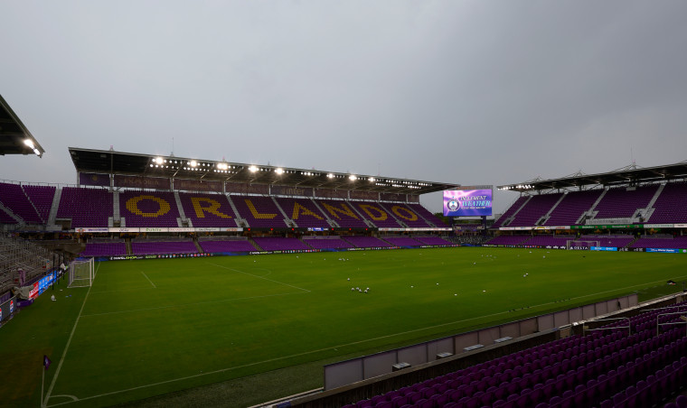 A general view of the pitch during an inclement weather delay
