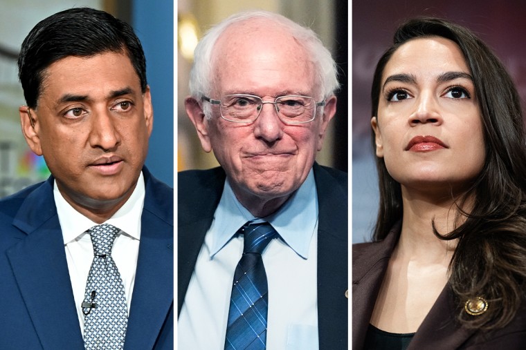 A split composite image of Ro Khanna, left, Bernie Sanders, and Alexandria Ocasio-Cortez