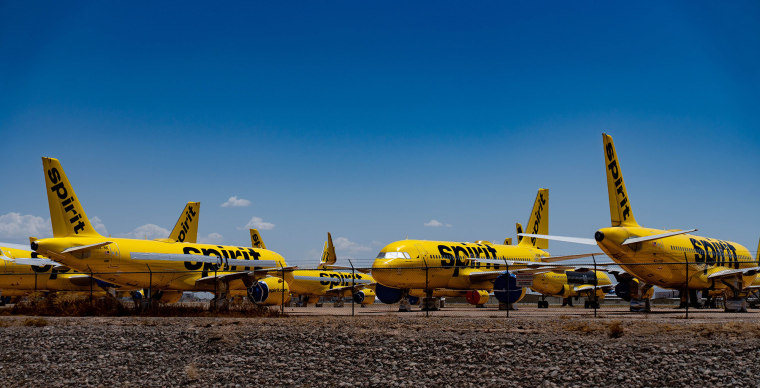 SyOut-of-service Spirit Airlines aircraft rest at Phoenix Goodyear Airport in Arizona on May 2, 2026.