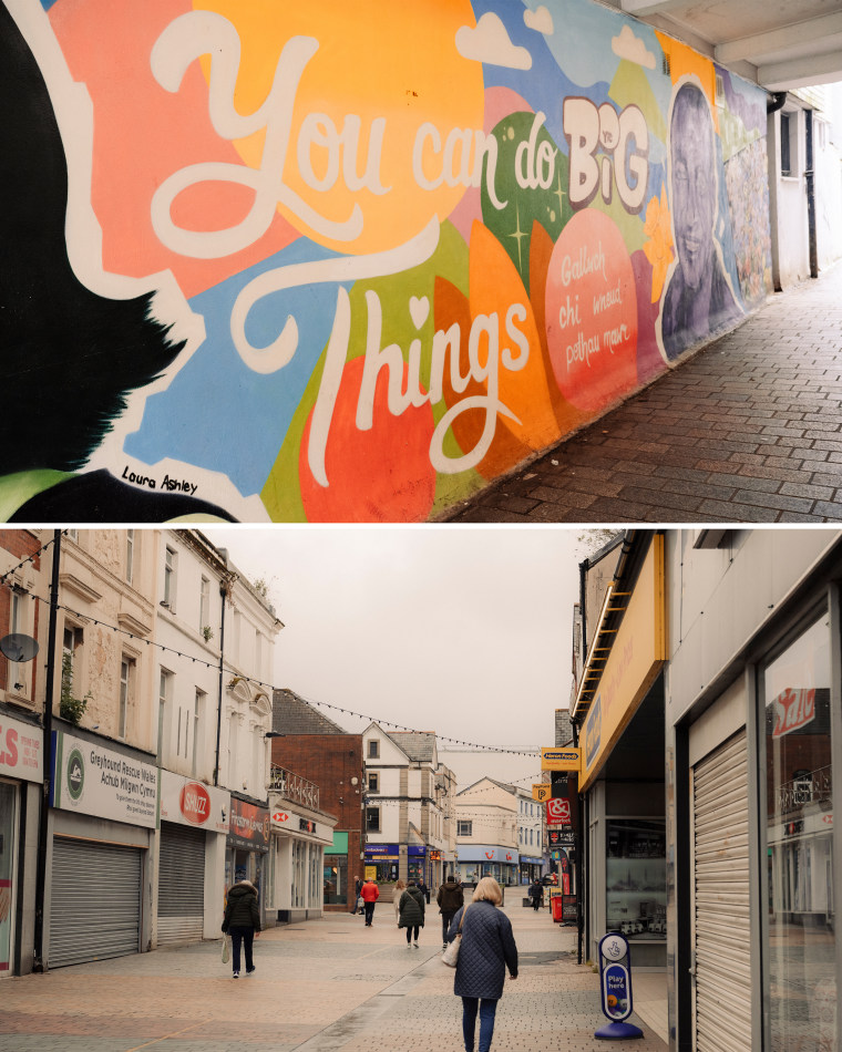 Above: Artwork in Merthyr Tydfil as part of a wider town regeneration. 
Below: Shuttered stores in the town center on Monday.