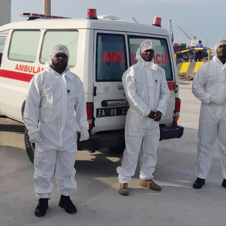 Medical workers await those evacuated from the MV Hondius in Cape Verde on Wednesday.