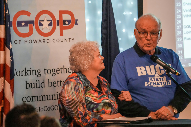 Indiana state Sen. Jim Buck, R-Kokomo, gives a concession speech Tuesday, May 5, 2026, during Howard County GOP's election night