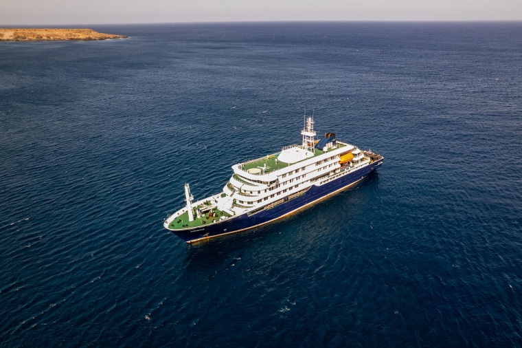 This aerial picture shows a general view of the cruise ship MV Hondius 