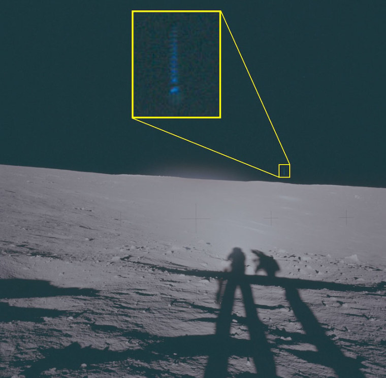 A photo of the landing site of Apollo 12 features a highlighted area of interest slightly above the horizon in which unidentified phenomena are visible.