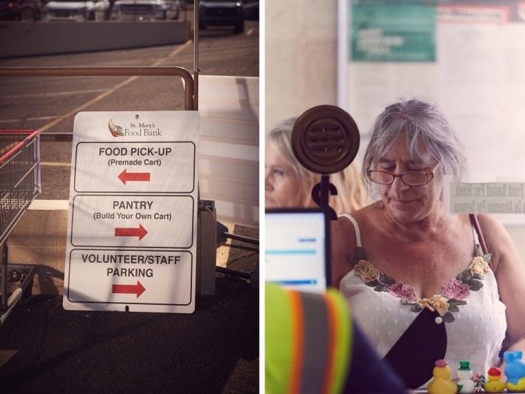 Dawn Savinski, 62, checked in with a volunteer at St. Mary’s Food Bank.