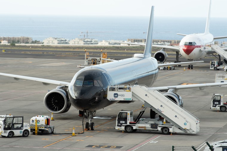 The plane to be used to repatriate Dutch and other nationals stands idle at the Tenerife Sur-Reina Sofia airport awaiting evacuees from the Dutch flagged hantavirus-stricken cruise ship MV Hondius on May 10.