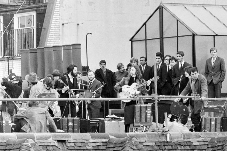 The Beatles perform a rooftop concert at Apple Headquarters, 3 Saville Row in London on Jan. 30, 1969.