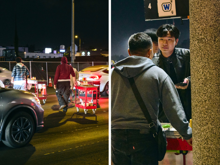 A split composite image of vendors walking carts across a street between cars, left, and a vendor selling food to a patron