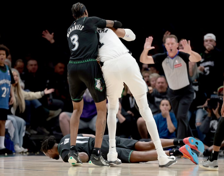 Naz Reid, Victor Wembanyama, flagrant foul ejection, Minnesota Timberwolves vs. San Antonio Spurs, NBA playoffs, Game 4, Target Center, Minneapolis, Minn., May 10, 2026