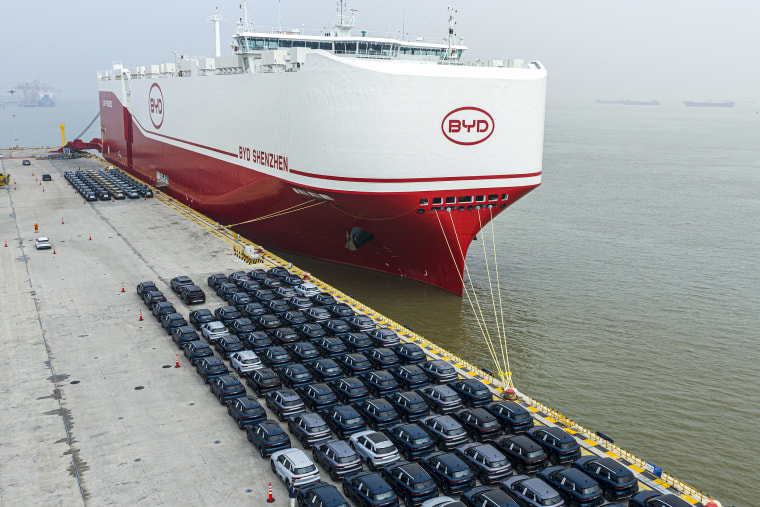 BYD's Shenzhen car carrier docked in the port of Suzhou, China on April 17.