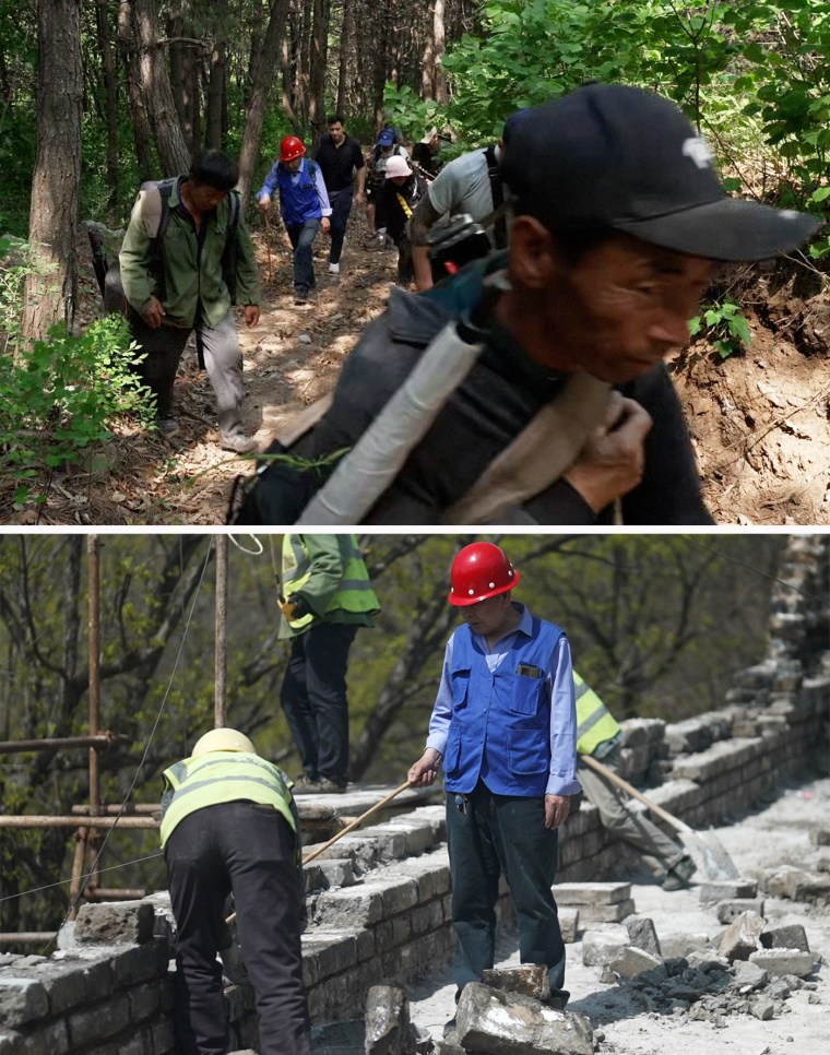 Top: NBC News' Tom Llamas, center, is guided through the forest beneath the Jiankou section of the Great Wall of China on Tuesday. Bottom: Cheng Yongmao, known as Old Cheng, directs his team of construction workers at the wall.