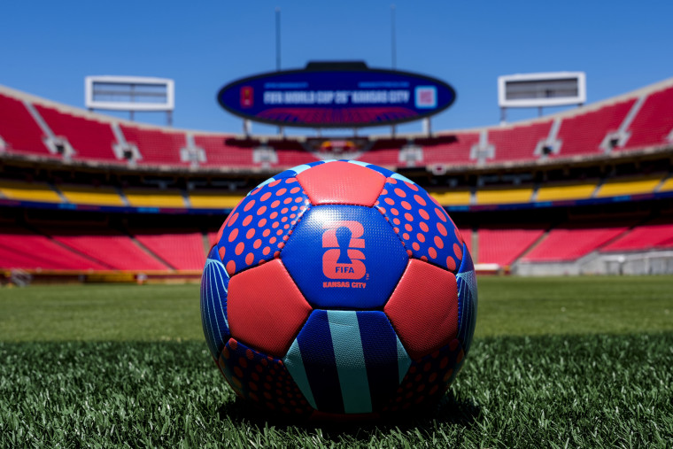 A FIFA World Cup ball on the pitch at Arrowhead Stadium on May 11, 2026 in Kansas City, Mo.