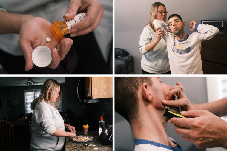  top left image shows a pill being poured out of a pill bottle onto a hand, top right shows Melissa helping Jason put on a shirt, bottom left show Melissa preparing food on a countertop, and bottom right shows Melissa shaving Jason's face