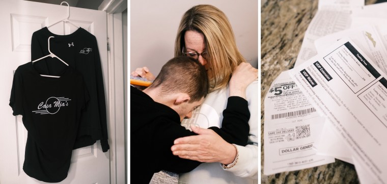  the image on the left shows two black t-shirt's for Casa Mia's restaurant hanging on a hanger on a door, middle image shows Melissa embracing Jason, right image shows bills and coupons on a countertop