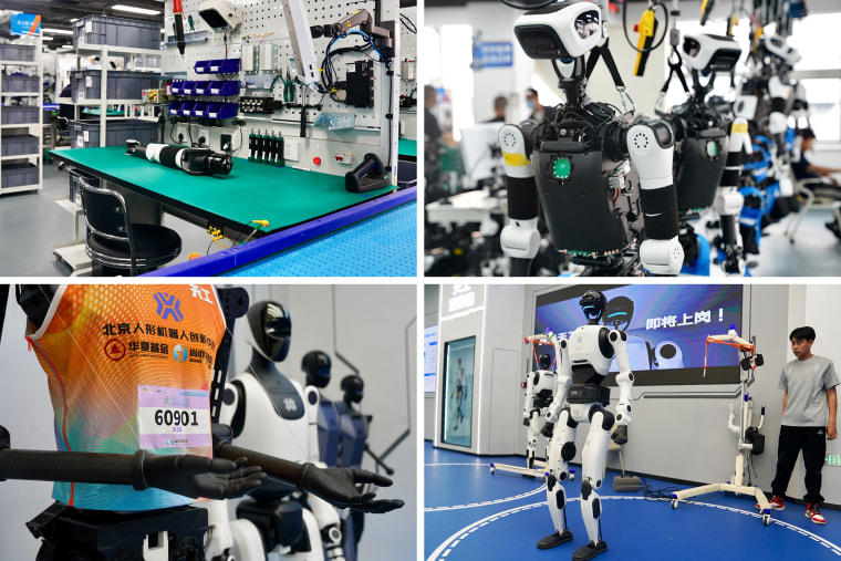 The X-Humanoid robotics lab, top, and humanoids on display, below.