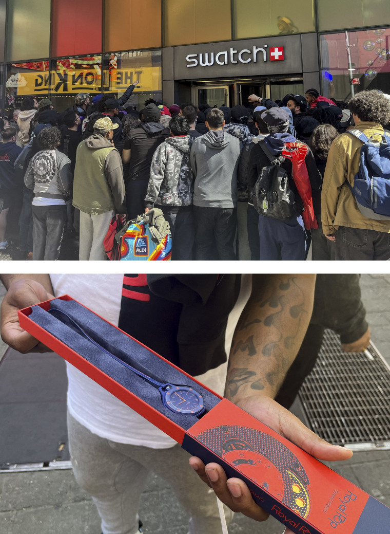 A crowd gathered outside the Swatch store at Times Square in New York for the release of Audemars Piguet x Swatch Royal Pop watches on Saturday.