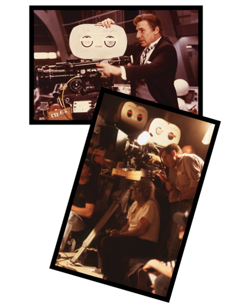Two overlapping photos showing Mel Brooks on set