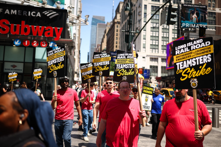 Long Island Rail Road (LIRR) workers picket in front of Penn Station in New York City