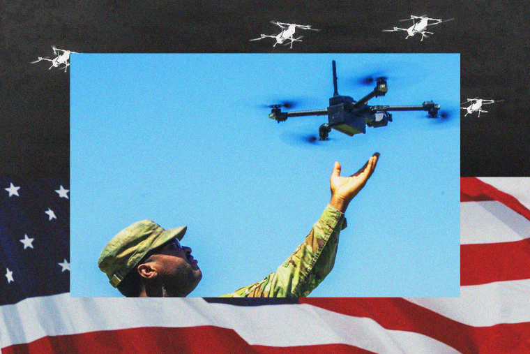 Photo illustration of a US Army soldier letting go of a quadcopter drone; the American flag; and swarming quadcopter drones.