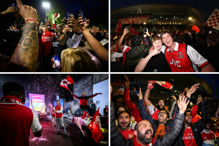 Arsenal fans, including legendary former player Ian Wright, celebrated in the streets of North London on Tuesday night.