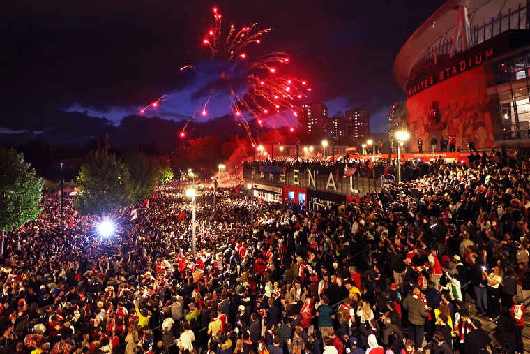 Arsenal Fans Outside Emirates Stadium As Title Rivals Manchester City Play AFC Bournemouth