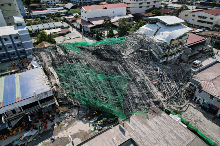 An aerial view of a collapsed building