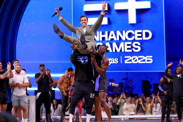 Hunter Armstrong, Wesley Kitts, Fred Kerley, Marius Kusch, Maximilian Martin, Co-Founder & CEO, Enhanced Games, Emmanuel Matadi and Denae McFarlane.