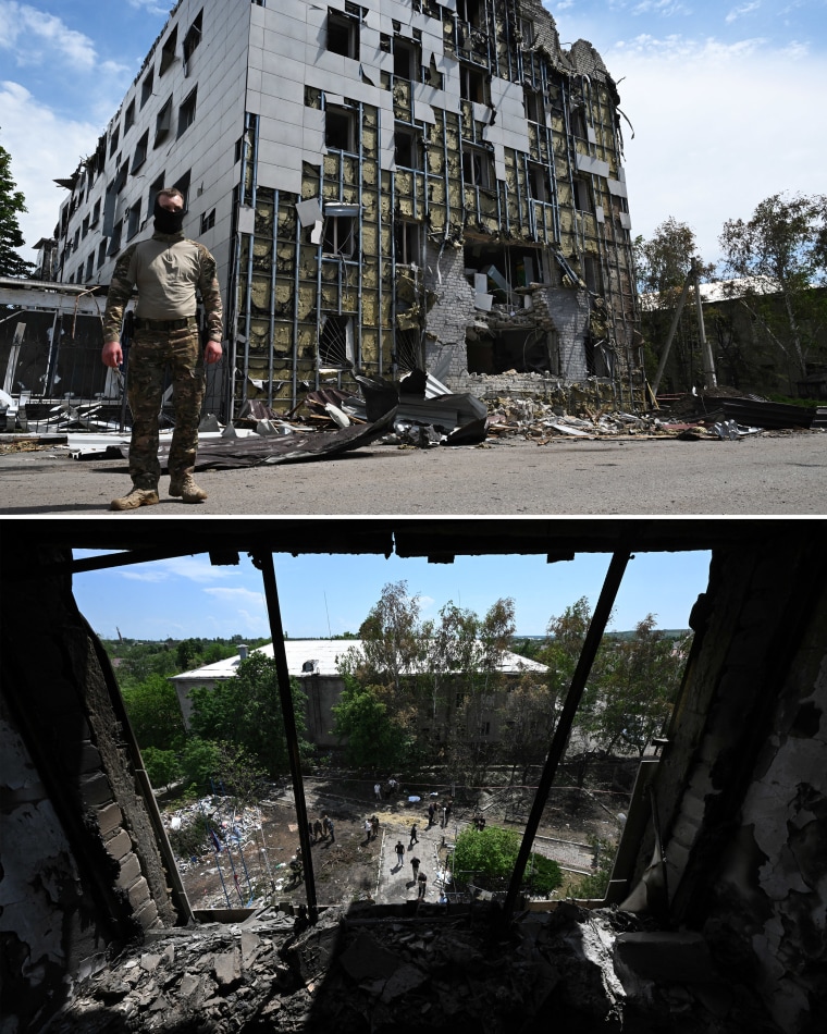 The destroyed dormitory building of the Starobilsk professional college of the Luhansk Pedagogical University following a drone attack in Starobilsk, Russian-controlled Ukraine, on Friday.