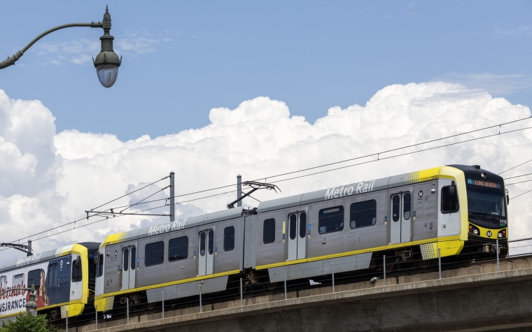 The Metro Rail A Line leaves the Chinatown station in Los Angeles. 