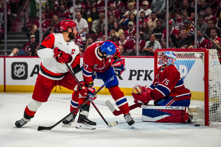 Jordan Staal of the Carolina Hurricanes scores a goal against Jakub Dobes of the Montréal Canadiens on May 27, 2026 in Montreal.