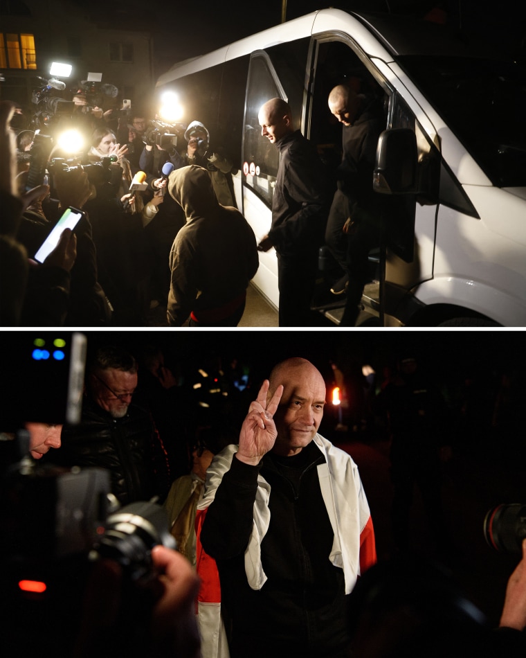 Released political prisoners arrive in Vilnius after a prisoner release from Belarus on March 19.