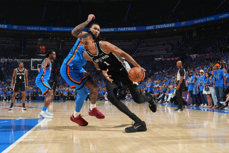 Victor Wembanyama #1 of the San Antonio Spurs dribbles the ball during the game against the Oklahoma City Thunder during Game Seven of the NBA Western Conference Finals on May 30, 2026 at Paycom Center in Oklahoma City, Oklahoma. 
