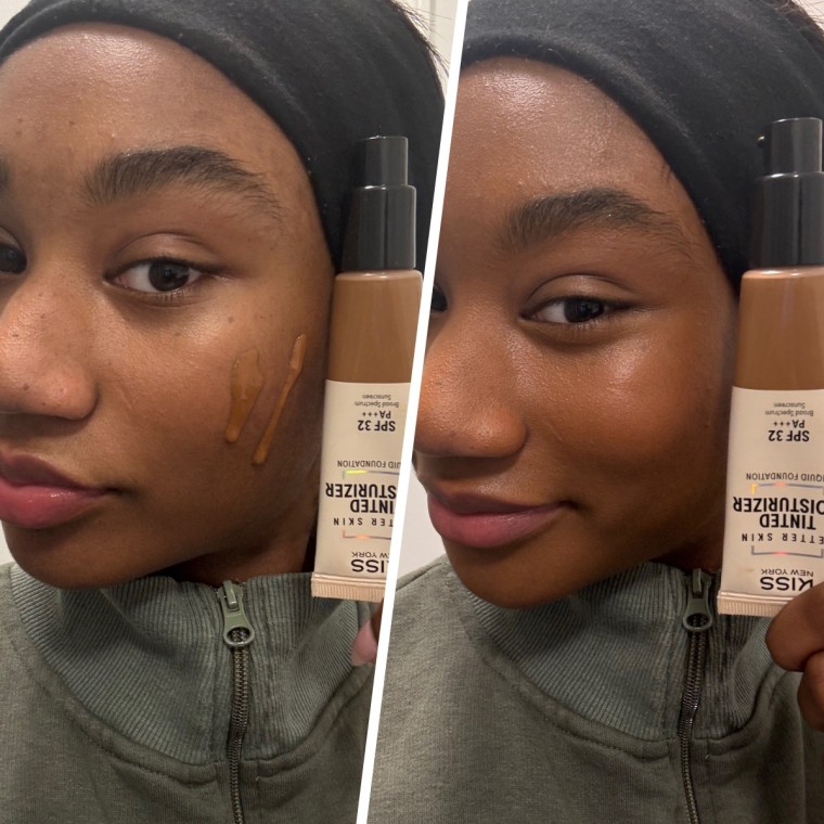 Kiss New York Hydrating Tinted Moisturizer SPF 32 before and after application.