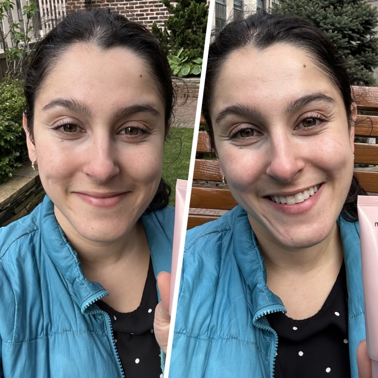 Medicube No Cast Just Glow Collagen Sunscreen before (left) and after (right) application.