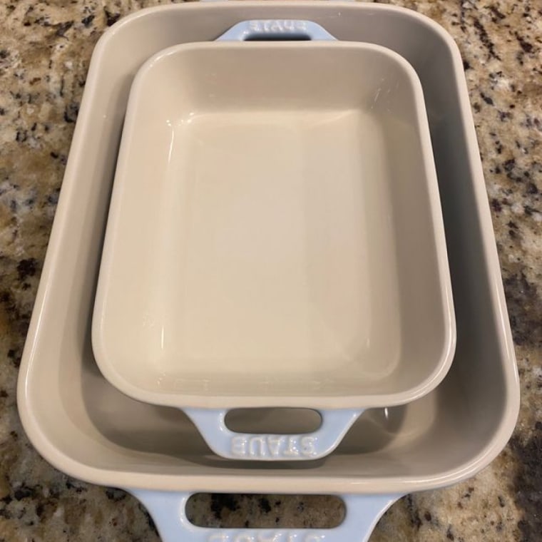 Staub bakeware on a kitchen counter