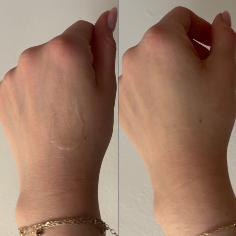What Megababe’s Thigh Rescue Gel looks like when you apply it (left) and after it dries (right).